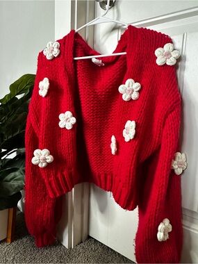 Red Cropped Hooded Cardigan with White Floral Appliqués